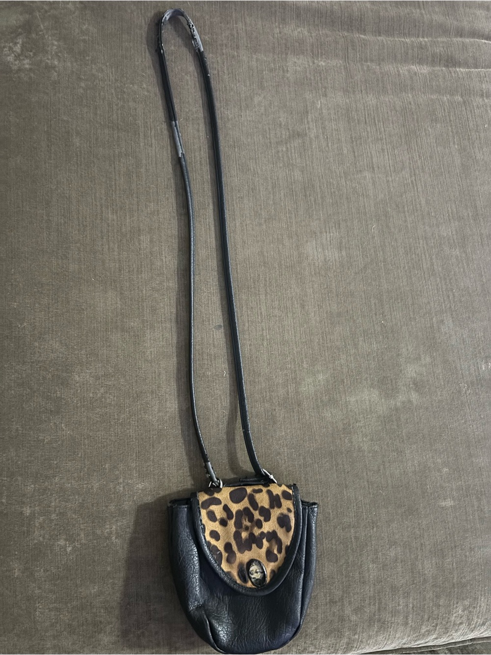 Black Leather Crossbody Bag with Leopard Flap